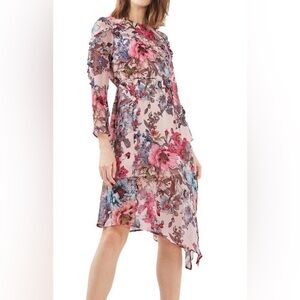 Topshop Pink Floral Chiffon Ruffle Asymmetrical Wrap Midi Dress Womens Size 4